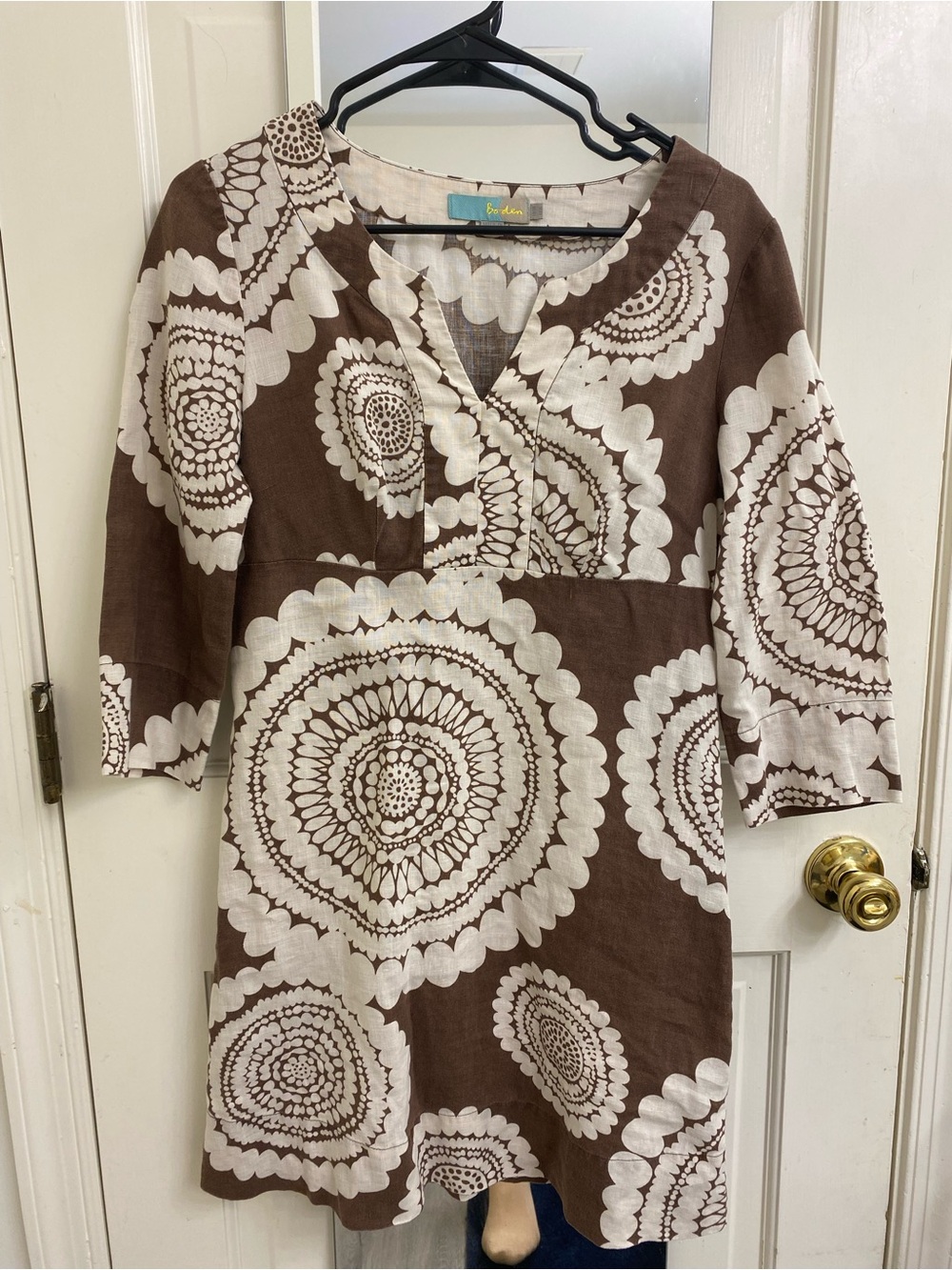 Brown & Cream Printed Linen Tunic Top - Women's